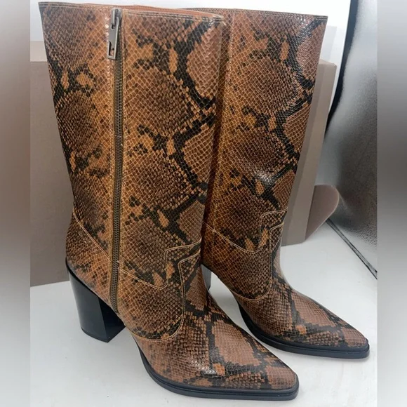 Franco Sarto Womens Jaxon Mid Calf Heeled Boot Snakeskin Embossed Size 8.5M NWB - Picture 2 of 14